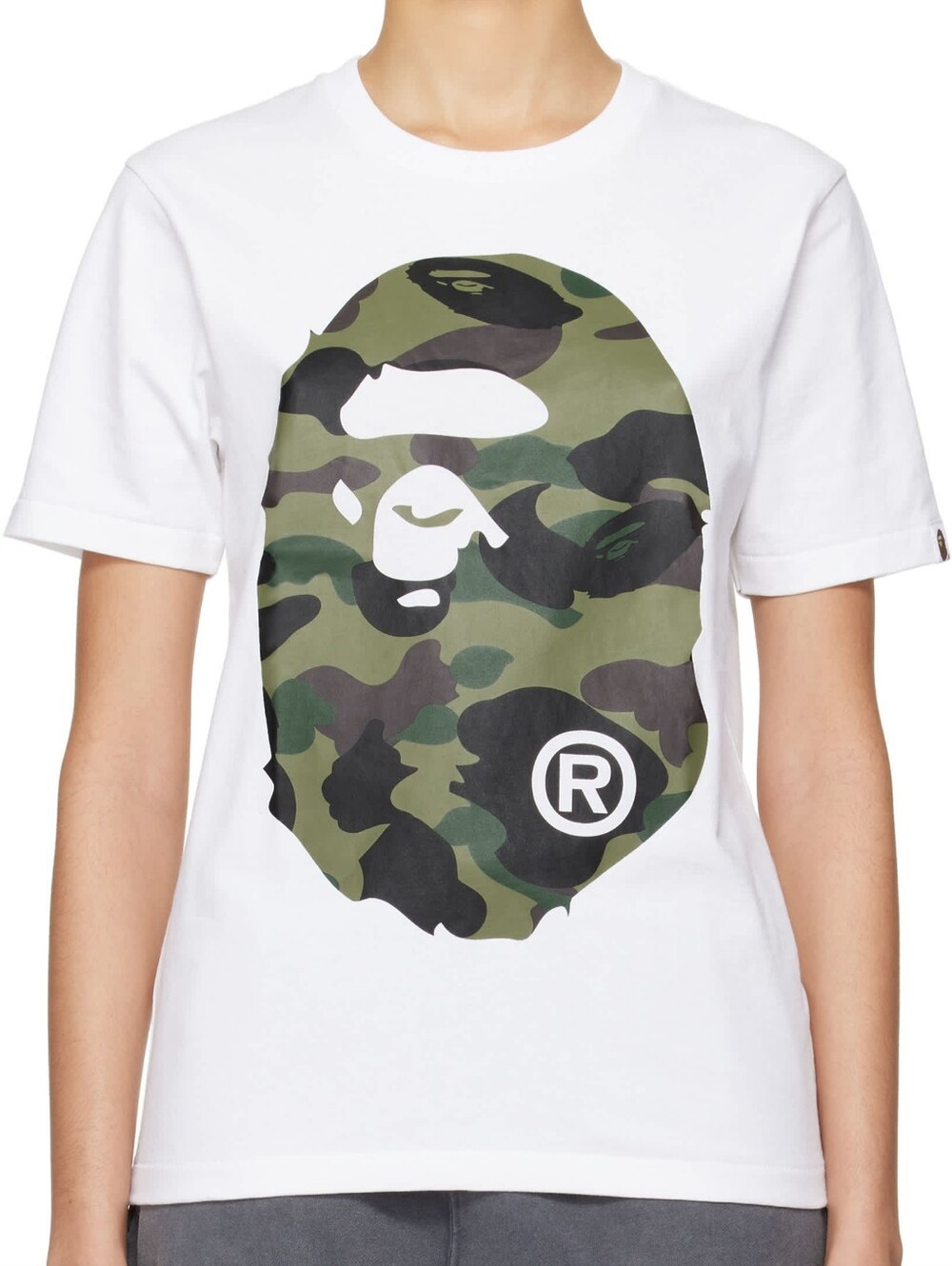 A Bathing Ape White Tee with Green Camo Ape Head